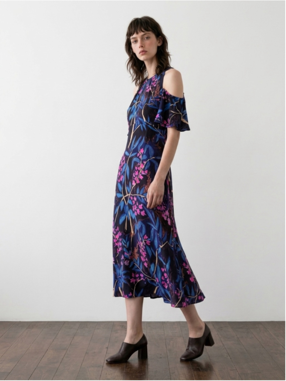 Maeve Floral Cold-Shoulder Midi Dress Size 6 Blue Pink